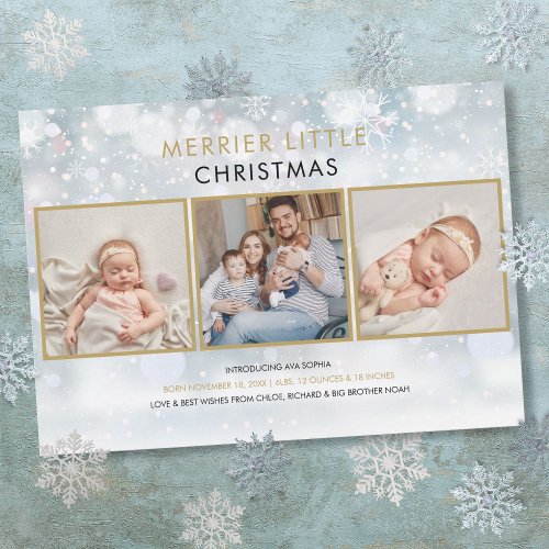 Merrier Little Christmas Snow Photo Birth Holiday Card