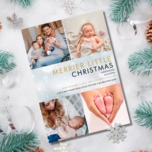 Merrier Little Christmas Snowflakes Photos Birth Holiday Card