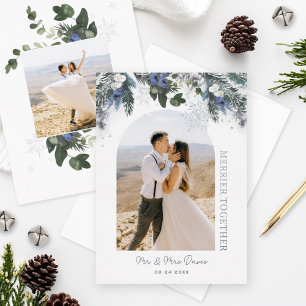 Merrier Together Blue Winter Greenery Photo Foil Holiday Card