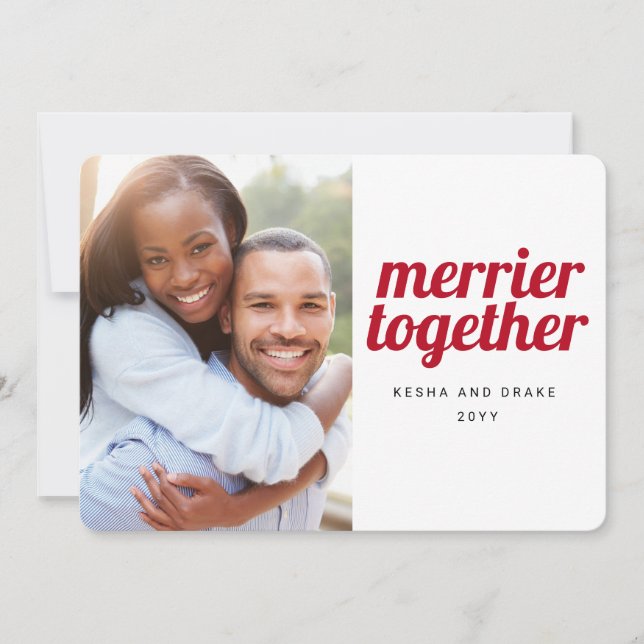 Merrier Together Bold Font Christmas Wedding Photo Save The Date (Front)