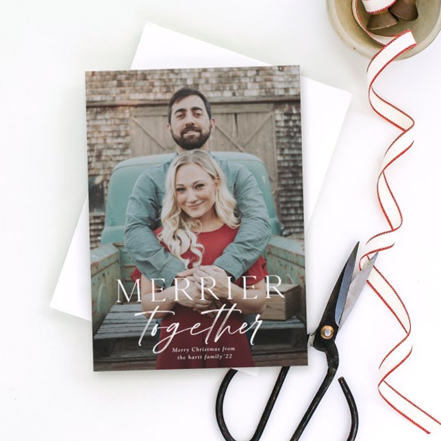 Merrier together full bleed photo Merry Christmas Holiday Card (Creator Uploaded)