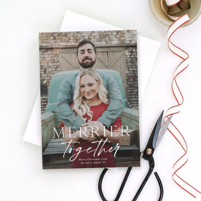 Merrier together full bleed photo Merry Christmas Holiday Card | Zazzle