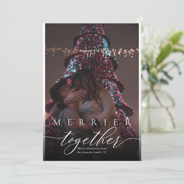 Merrier together full bleed photo Merry Christmas  Holiday Card (Standing Front)