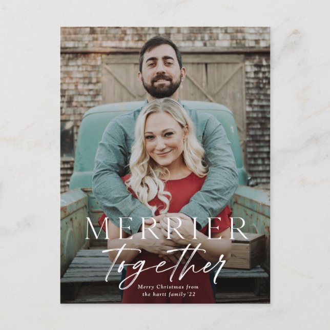 Merrier together full bleed photo Merry Christmas Holiday Postcard (Front)