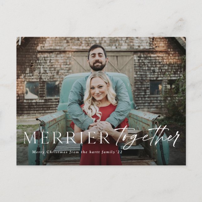 Merrier together full bleed photo Merry Christmas Holiday Postcard (Front)