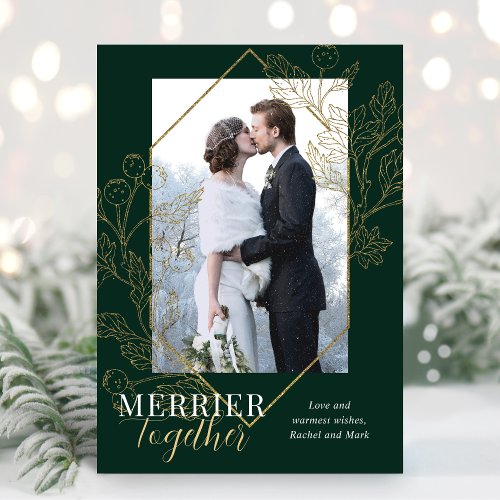 Merrier Together Newlywed Christmas Photo Green Holiday Card