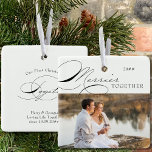 Merrier Together Photo and Elegant Calligraphy Ceramic Ornament<br><div class="desc">Merrier Together Christmas photo ornament which you can personalize with your favorite photo and personalized wording. Elegant typographic design with swirly calligraphy and easy to edit for a family or romantic couple. This holiday ornament is lettered with Merrier Together on one side and editable text on the other. The sample...</div>