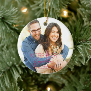 Merrier Together Script Pagoda 1-Photo Christmas Ceramic Ornament