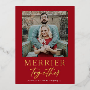 Merrier Together Script Photo Gold Foil Holiday Postcard