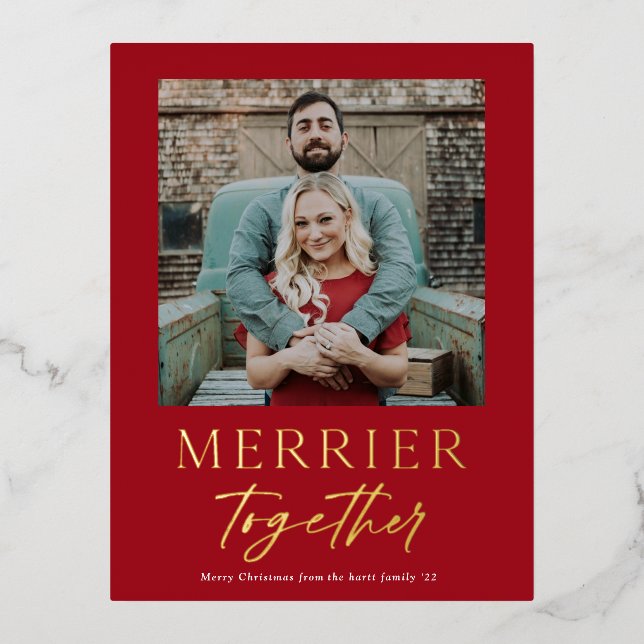 Merrier Together Script Photo Gold Foil Holiday Postcard (Front)
