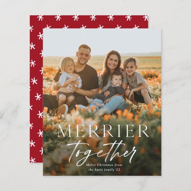 Merrier Together Script Photo Merry Christmas Card (Front/Back)