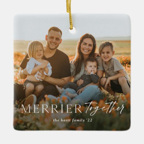 Merrier Together Script Photo Merry Christmas Ceramic Ornament