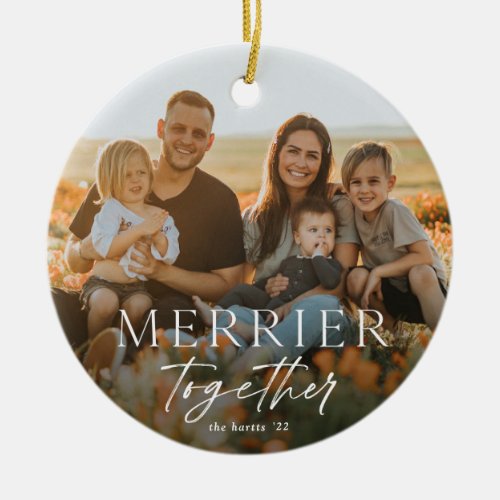 Merrier Together Script Photo Merry Christmas Ceramic Ornament