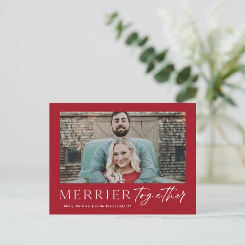 Merrier Together Script Photo Merry Christmas Holiday Postcard