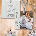 Merrier Together Script Vertical Photo Snowflake Ceramic Ornament<br><div class="desc">Merrier Together photo ornament with vertical photo, elegant calligraphy and delicate white snowflakes on a silver grey border. The photo template is ready for you to add your photo, the year and your custom text on the back. With the exception of the handwritten text used for Merrier and Together, all...</div>