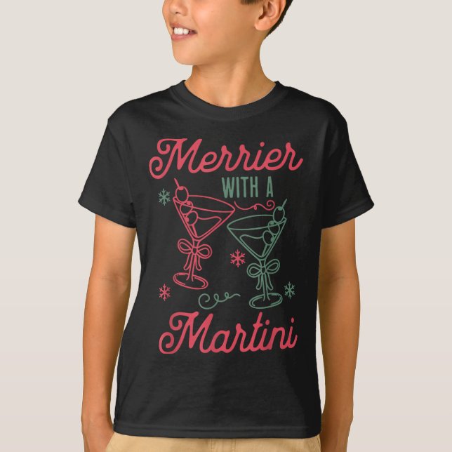 Merrier With A Martini Christmas Tail Xmas Martini T-Shirt (Front)