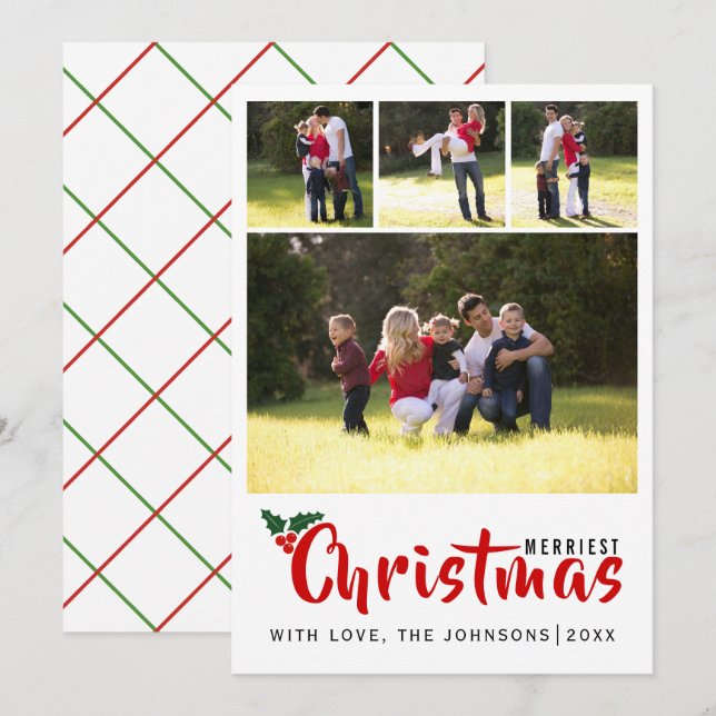 Merriest Christmas 4 photo collage simple card (Front/Back)