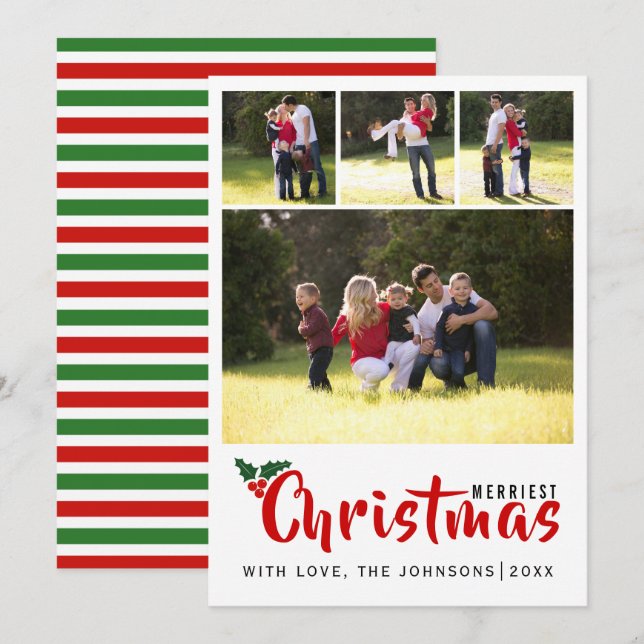 Merriest Christmas 4 photo collage stripes card (Front/Back)