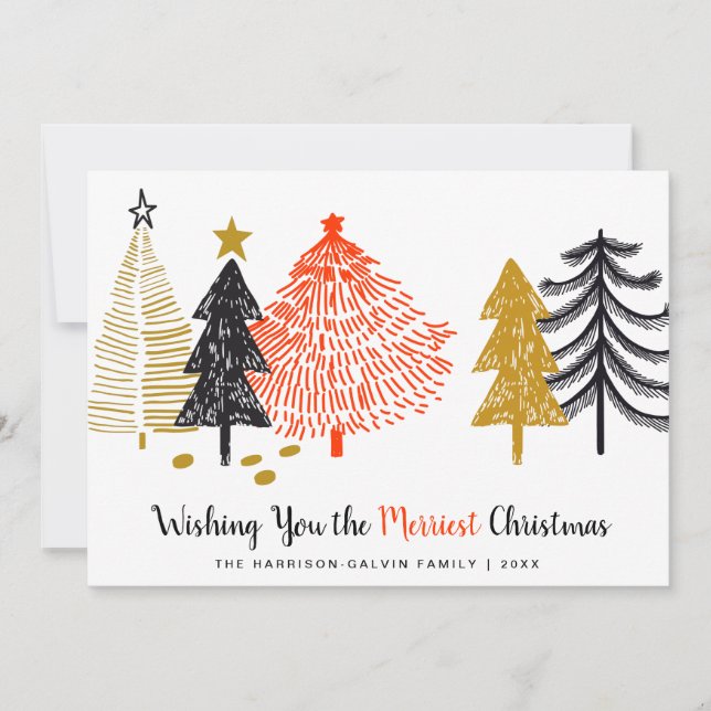 Merriest Christmas Abstract Trees Modern Holiday Card (Front)