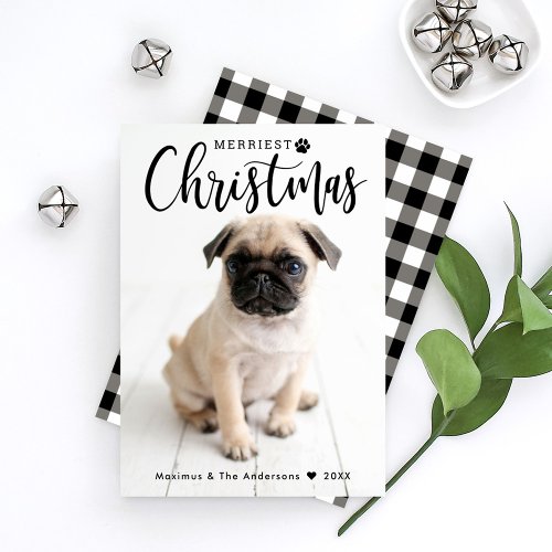 Merriest Christmas Black Buffalo Plaid Pet Photo Holiday Card