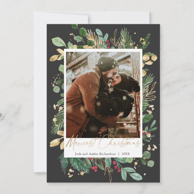 Merriest Christmas black gold red holly berries (Front)