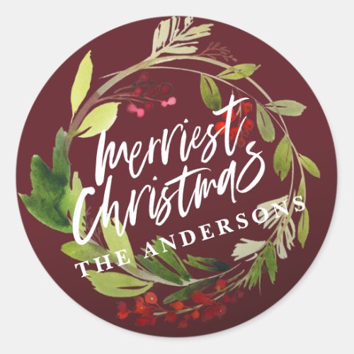 Merriest Christmas botanical wreath winter berry  Classic Round Sticker