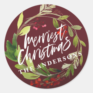 Merriest Christmas botanical wreath winter berry  Classic Round Sticker