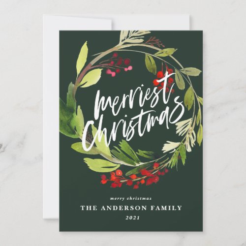 Merriest Christmas botanical wreath winter berry  Holiday Card