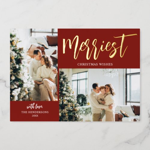 Merriest Christmas Brush Script Photo Red Foil Holiday Card