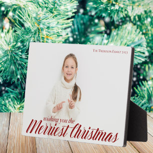 Merriest Christmas Chic Red Script Overlay Photo Plaque