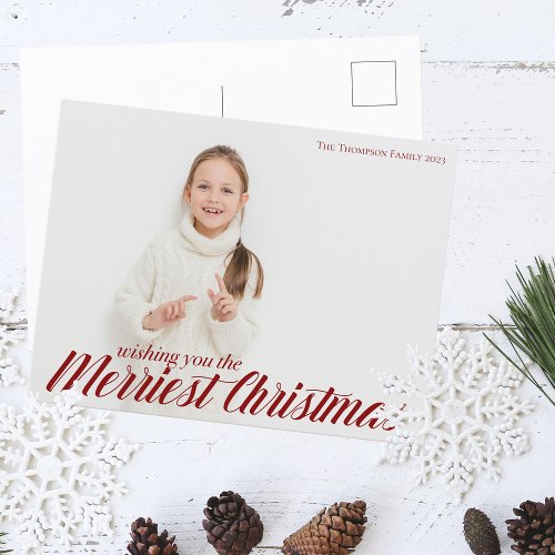 Merriest Christmas Chic Red Script Overlay Photo Postcard