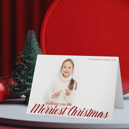 Merriest Christmas Chic Red Script Photo Overlay Holiday Card