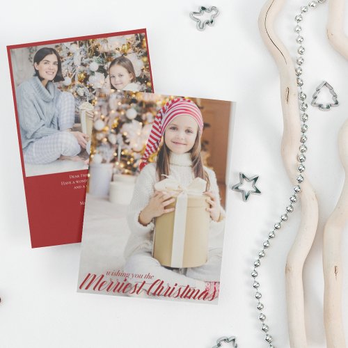 Merriest Christmas Chic Red Script Photo Vertical Holiday Card