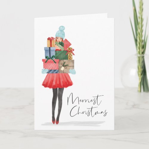 Merriest Christmas Cute Watercolor Girl Presents Holiday Card