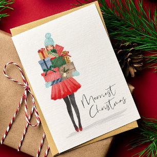 Merriest Christmas Cute Watercolor Girl Presents Holiday Card