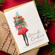 Merriest Christmas Cute Watercolor Girl Presents Holiday Card at Zazzle