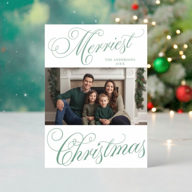 Merriest Christmas Decorative Script Letterpress Photo Cards (Front (Into))