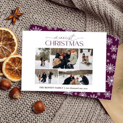 Merriest Christmas Elegant 5 Photo collage Plum Holiday Card