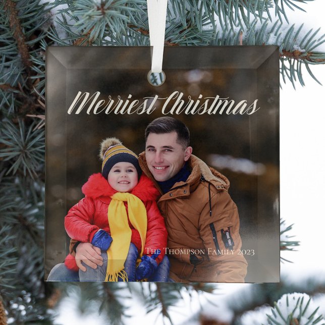 Merriest Christmas Elegant White Script Over Photo Glass Ornament (Creator Uploaded)