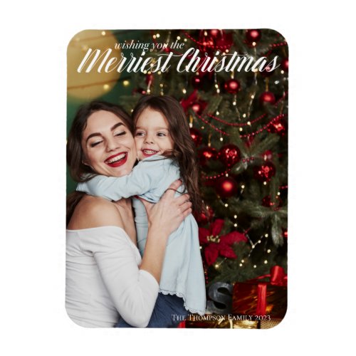 Merriest Christmas Elegant White Script Photo Magnet