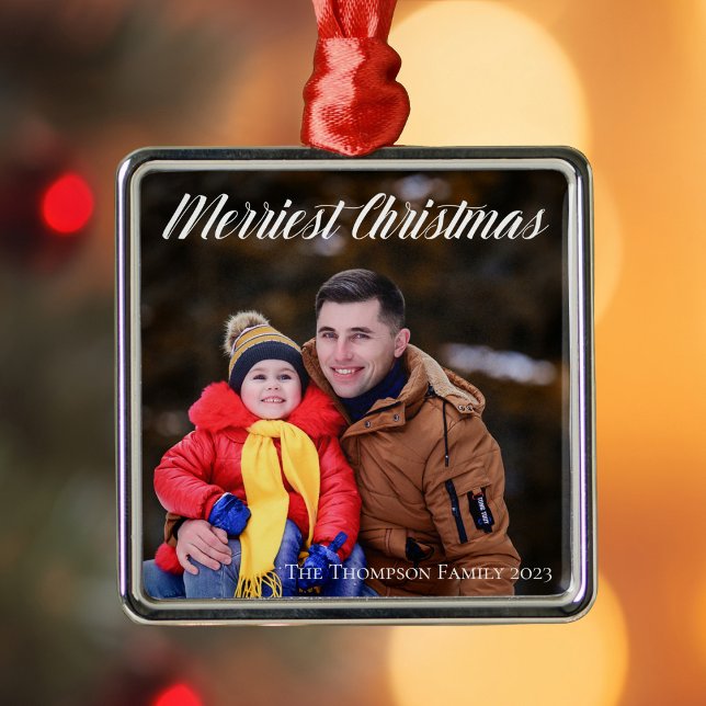 Merriest Christmas Elegant White Script Photo Metal Ornament (Creator Uploaded)