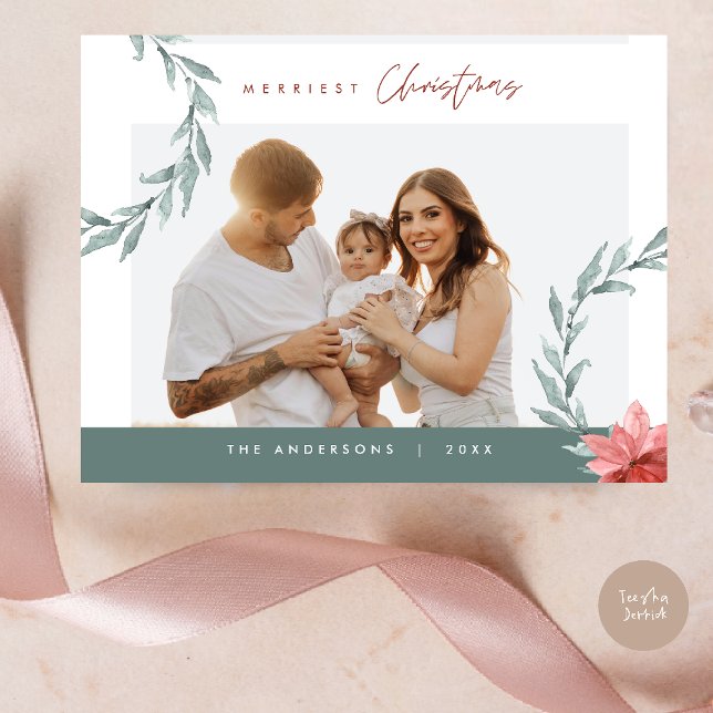 Merriest Christmas Family Photo, Eucalyptus Wreath Postcard (Merriest Christmas Family Photo, Eucalyptus Wreath Postcard in Sage Green Burgundy Wine Red theme)