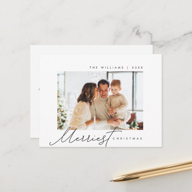 Merriest Christmas, Family Photo Minimalist Script Postcard (Front/Back In Situ)