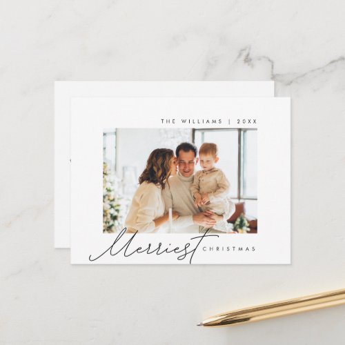 Merriest Christmas Family Photo Minimalist Script Postcard