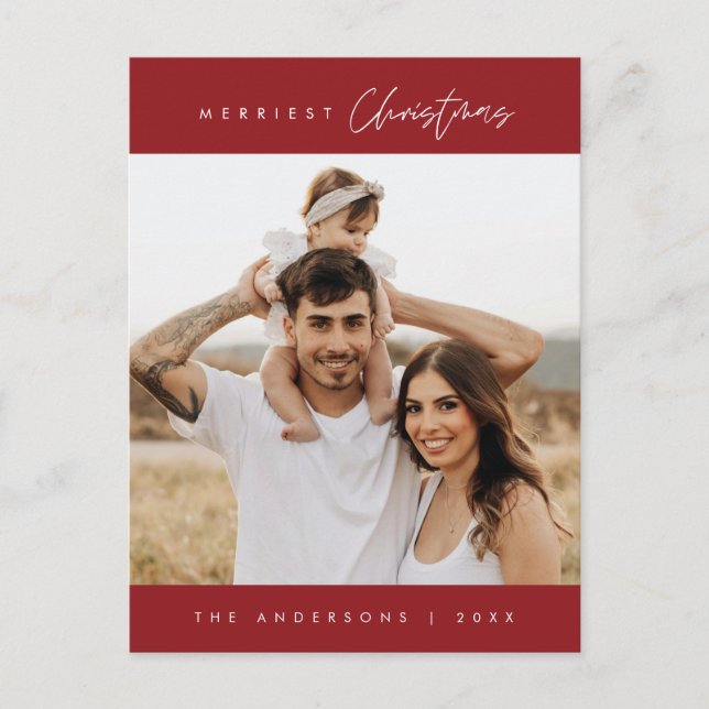 Merriest Christmas Family Photo, Modern Cozy Postcard (Front)