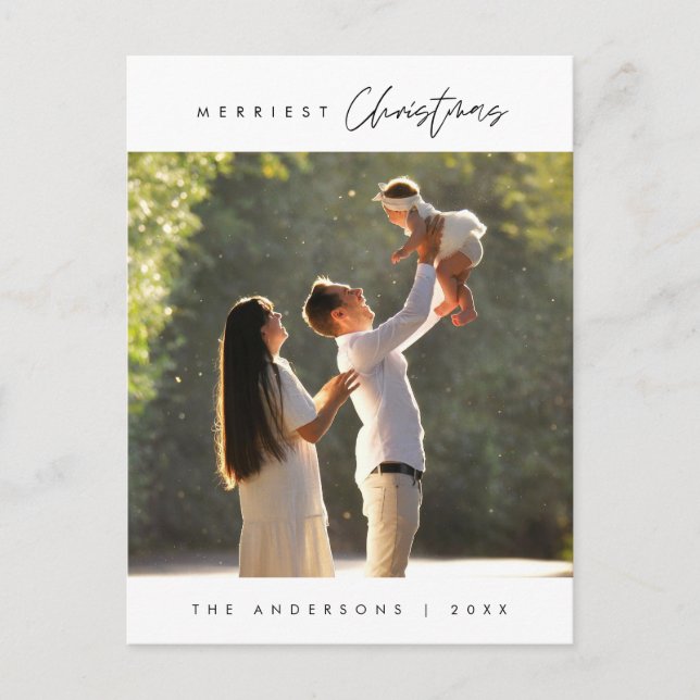 Merriest Christmas Family Photo, Modern Minimalist Postcard (Front)