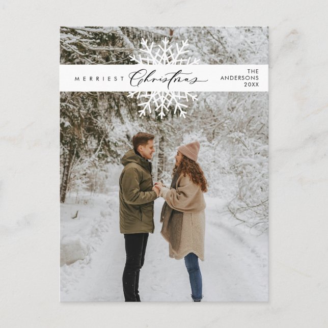 Merriest Christmas Family Photo, Snow Flakes Postcard (Front)
