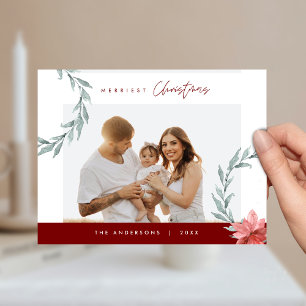 Merriest Christmas Family Photo, Watercolor Wreath Postcard