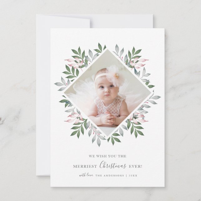 Merriest Christmas Festive Foliage Wreath Photo Holiday Card (Front)