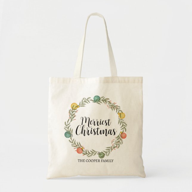 Merriest Christmas Festive Wreath Holiday  Tote Bag (Front)